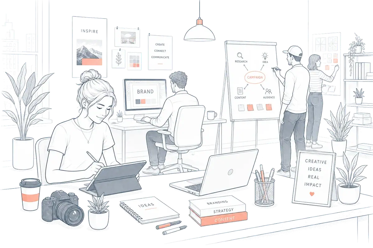 Illustration of a creative team reviewing a project