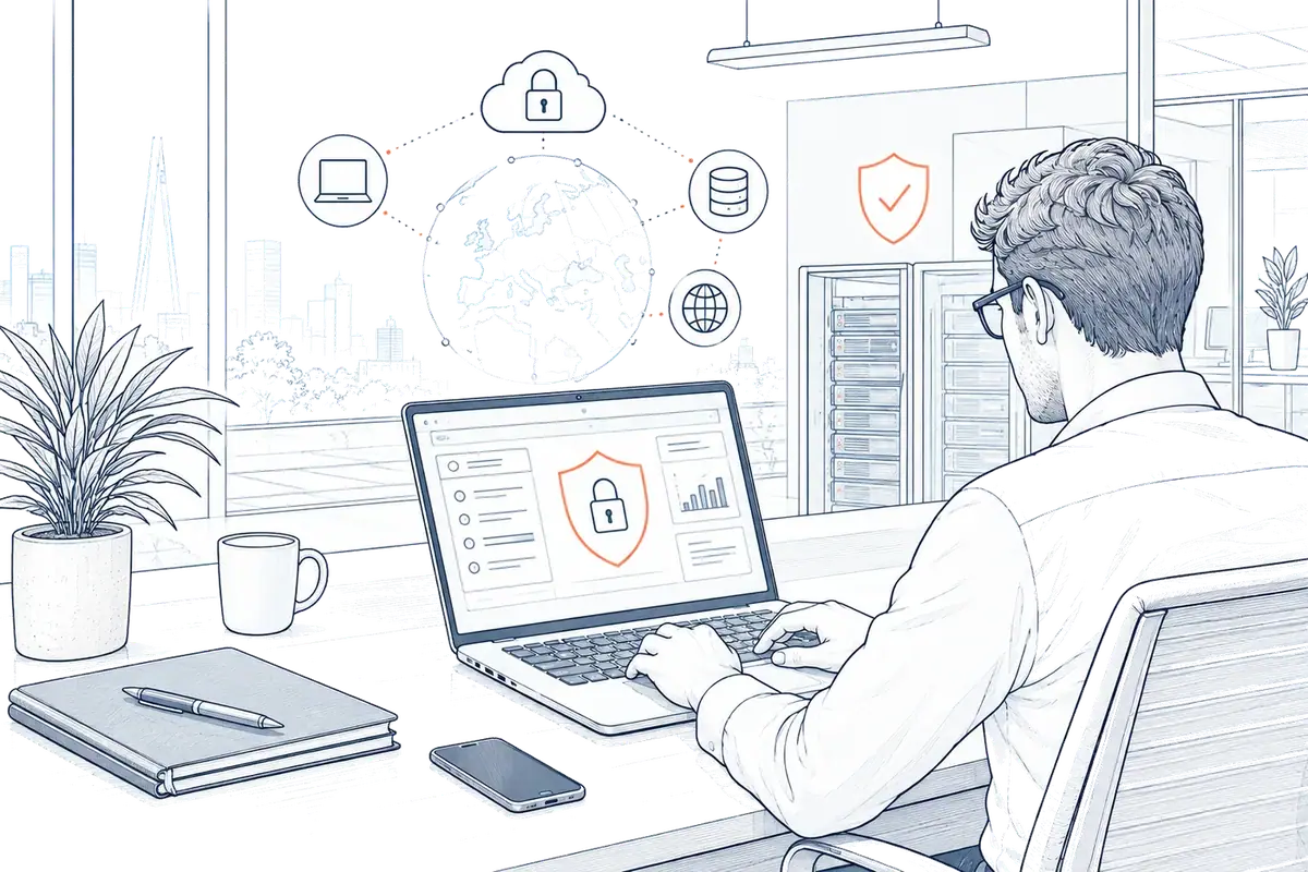 Illustration of a workstation being protected from a cyber attack