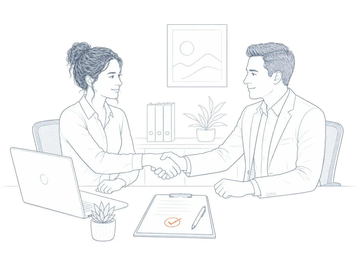 Illustration of a handshake across a desk