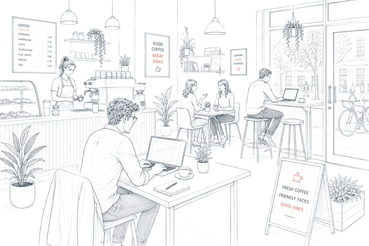 Illustration of the inside of a busy cafe