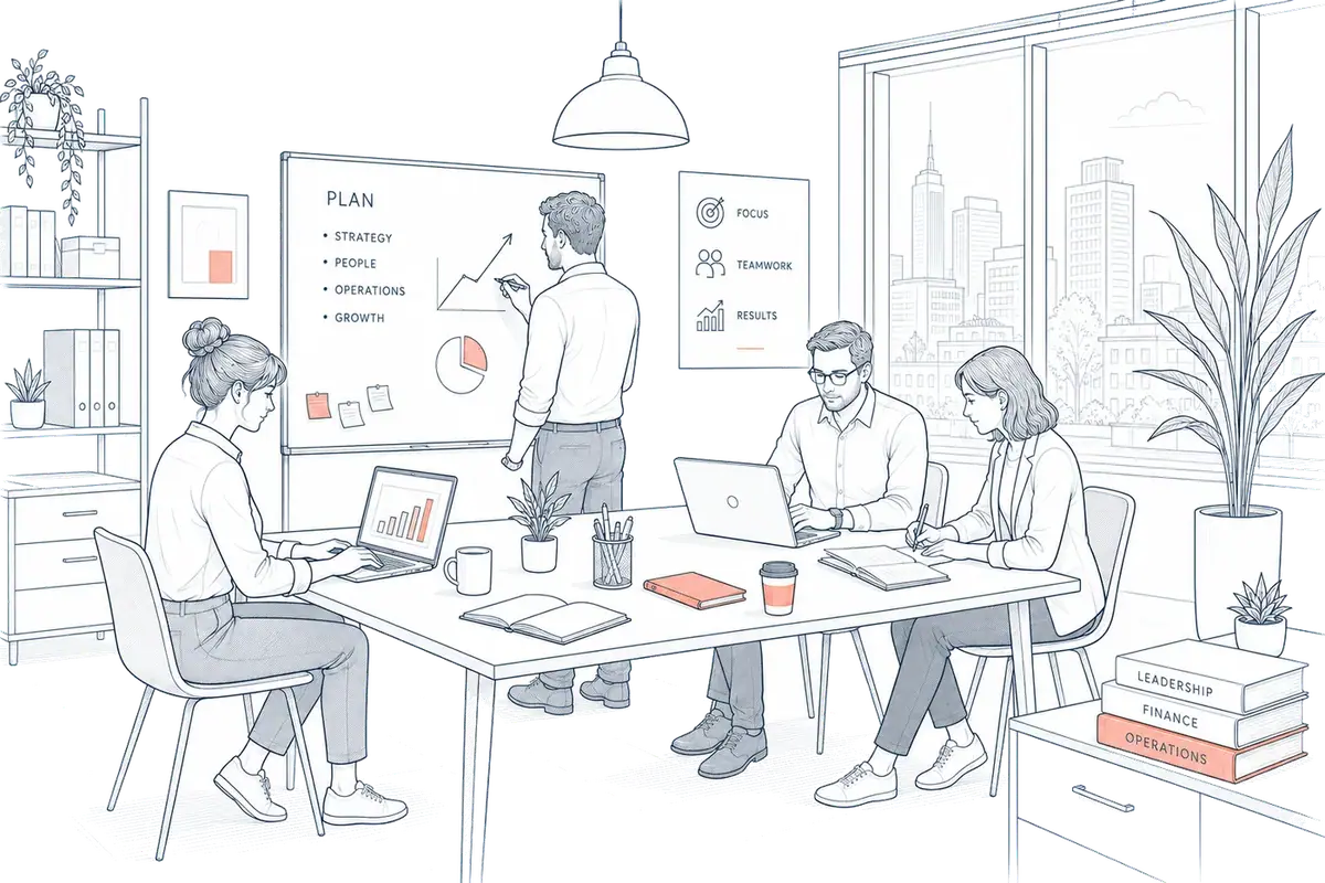 Illustration of a business owner planning at a desk