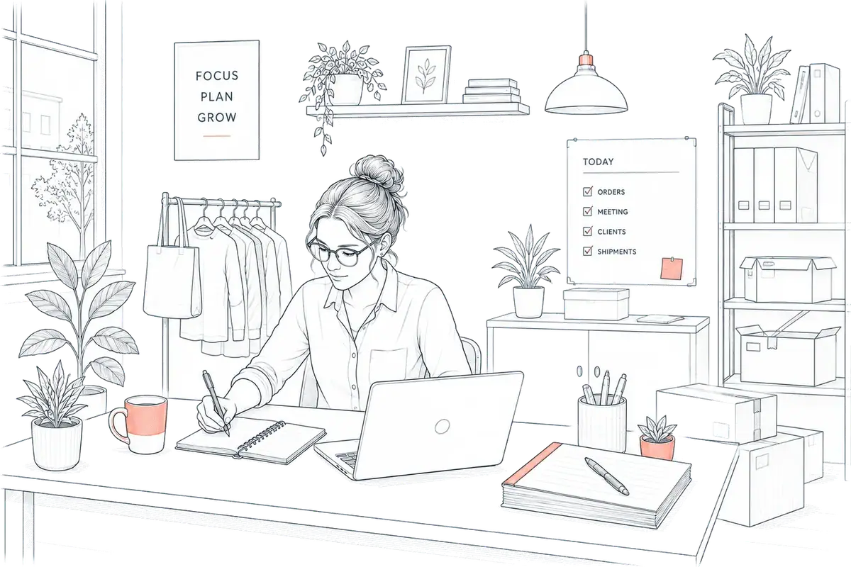 Illustration of a shop owner working on orders