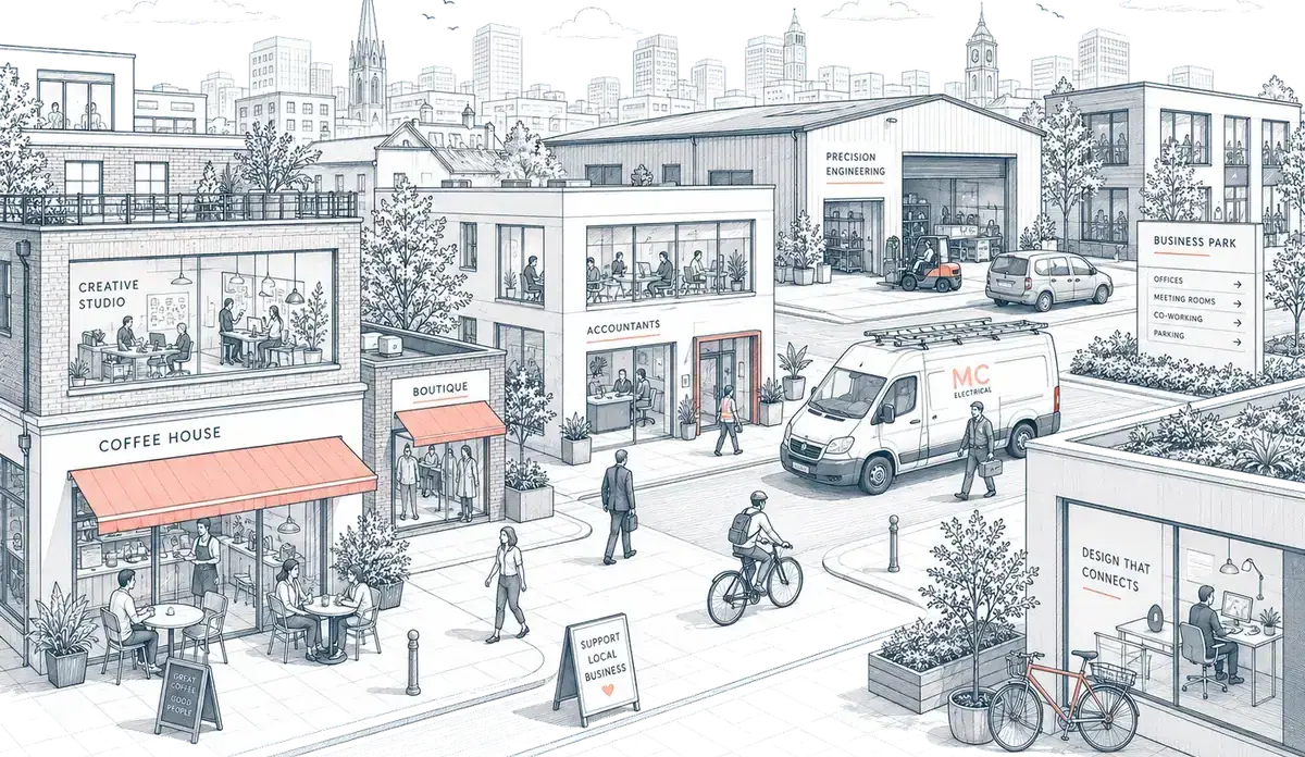 Illustration of a British high street of small businesses