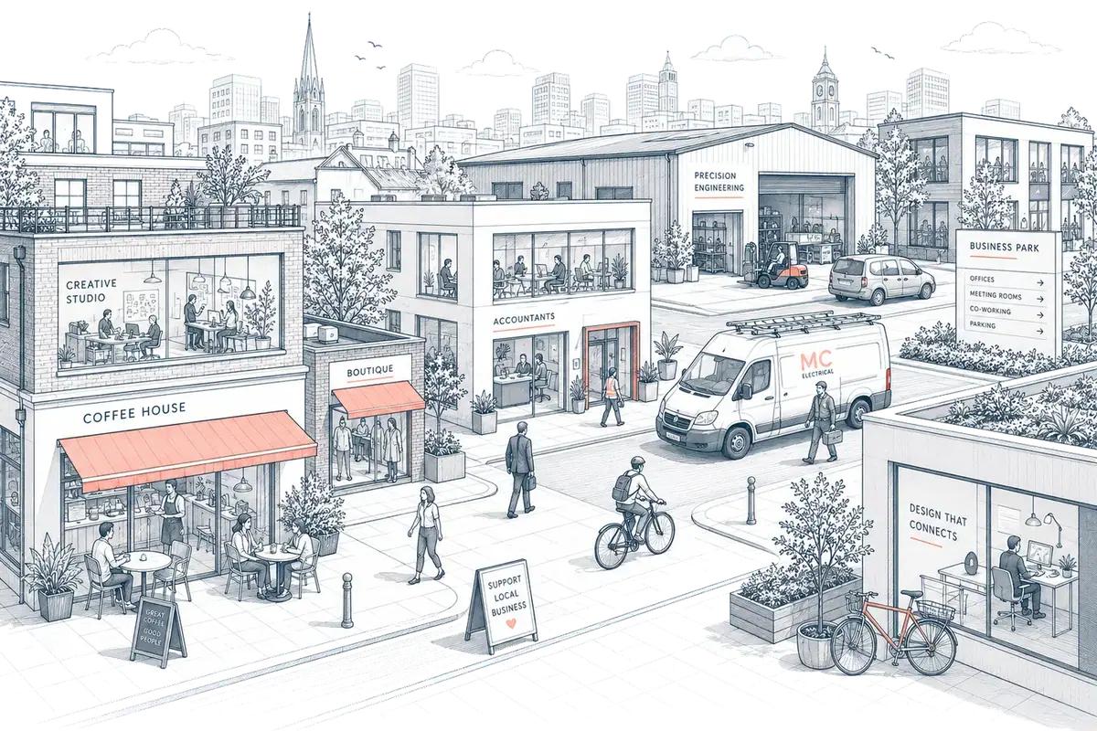 Illustration of a British high street of small businesses