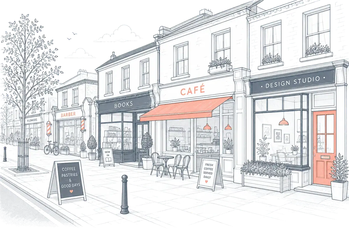 Illustration of a parade of independent shopfronts