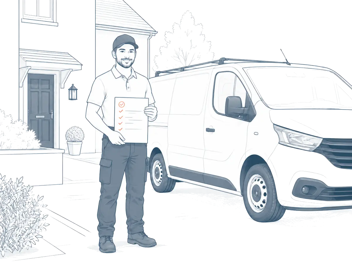 Illustration of a tradesman with a checklist beside his van